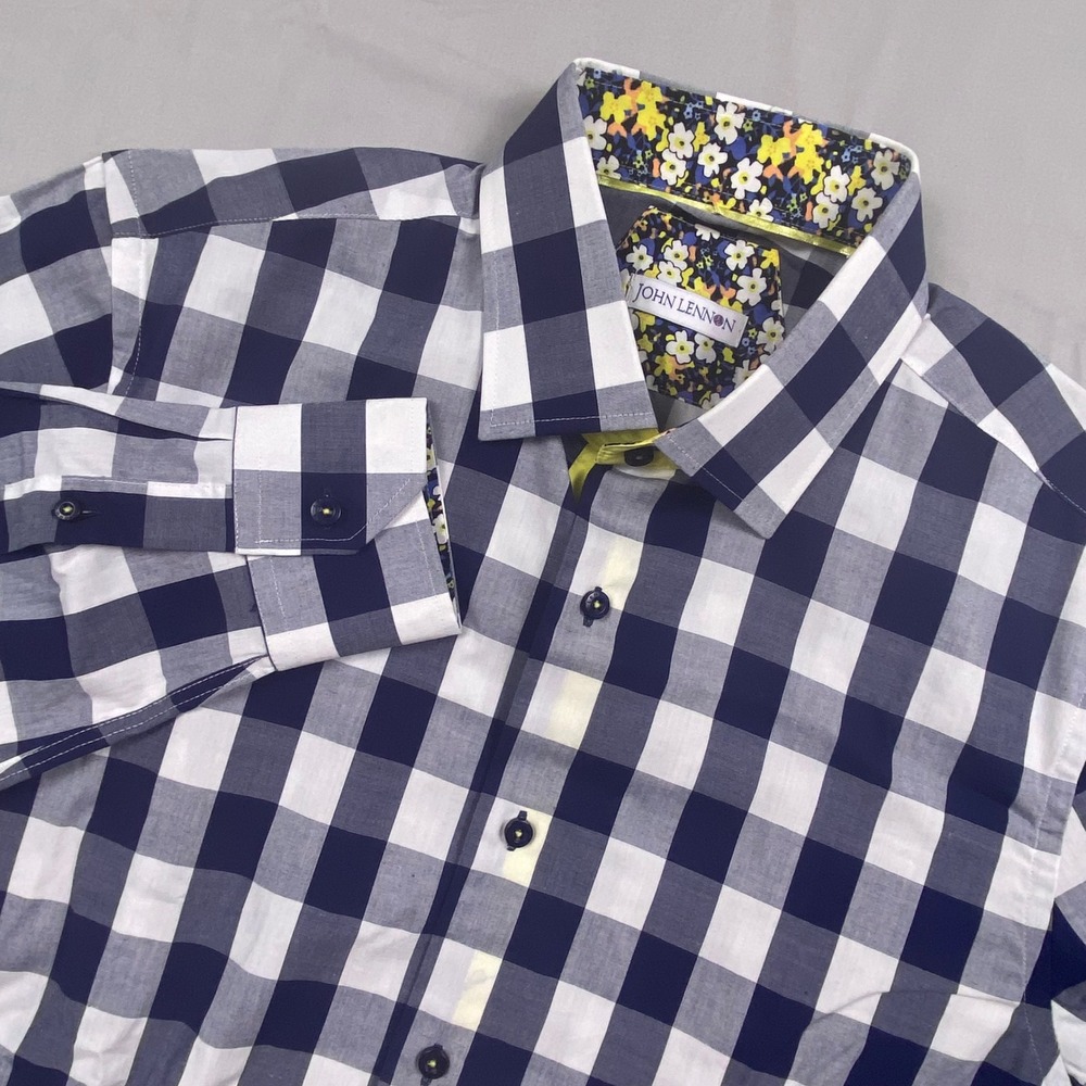 John Lennon Mens L Blue White Gingham Cotton Button Down Shirt Floral Accents